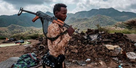 A soldier stands in front of the debris of a house in the Tigray region.