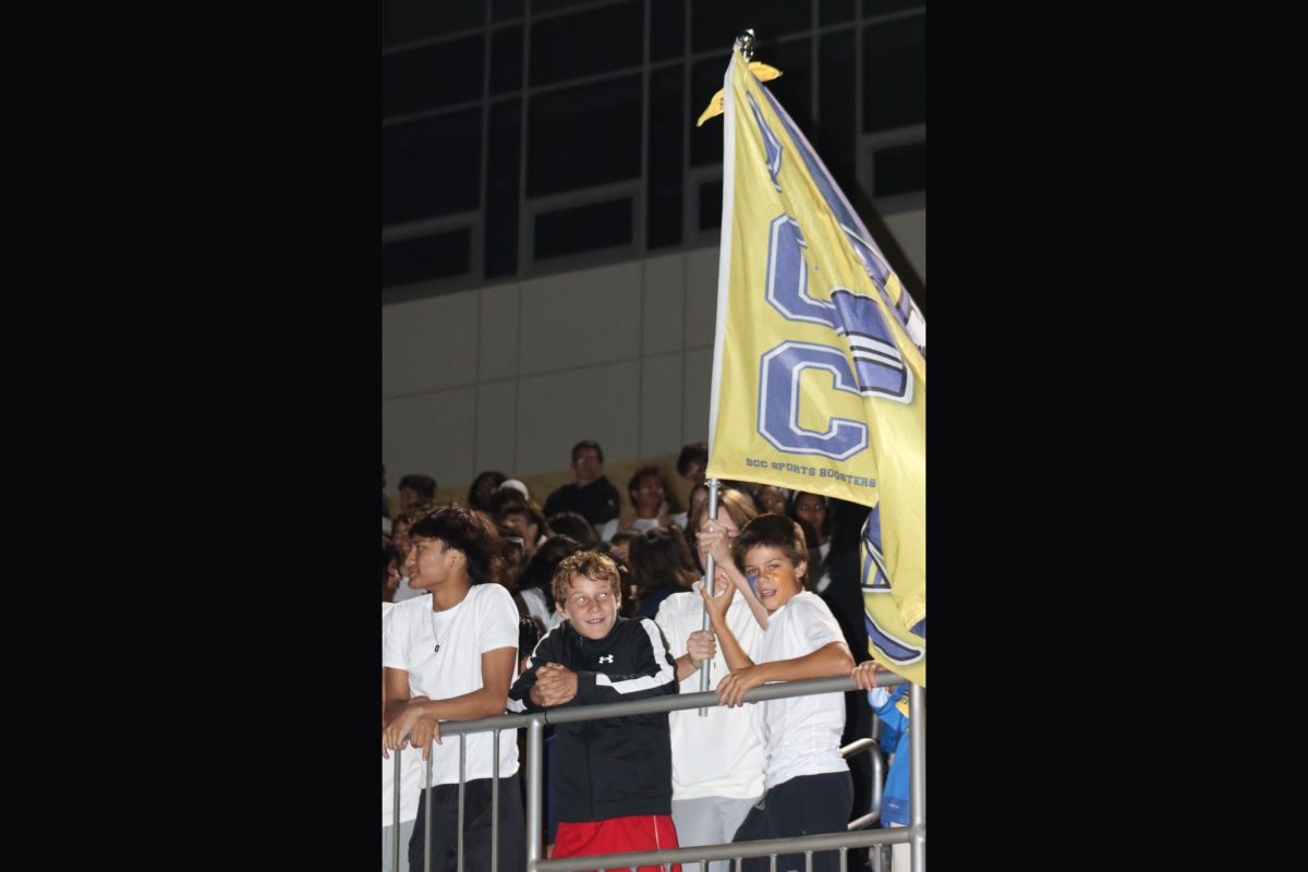 Freshmen wave the flag 