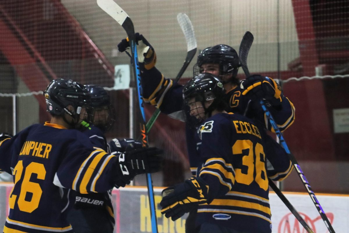Barons Hockey swarms Senior Colin Eccles after he scores on Upper Montgomery.