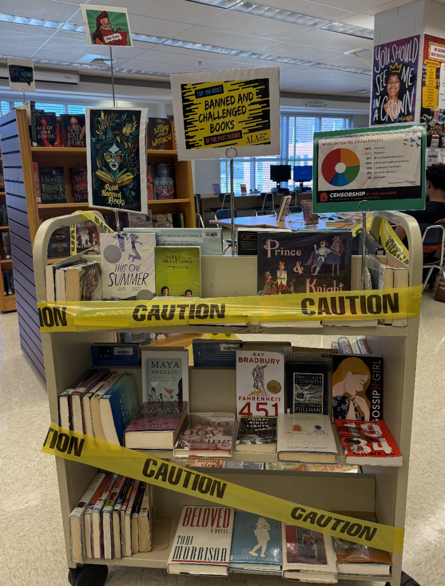 Banned Books display in the Media Center. Display created by Alice Birney. 