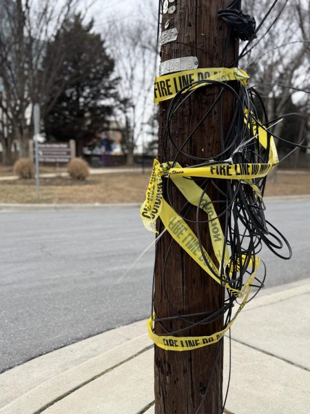 Police tape on telephone pole after the incident on Wednesday.