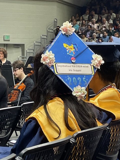 Senior with decorated graduate's cap looks on