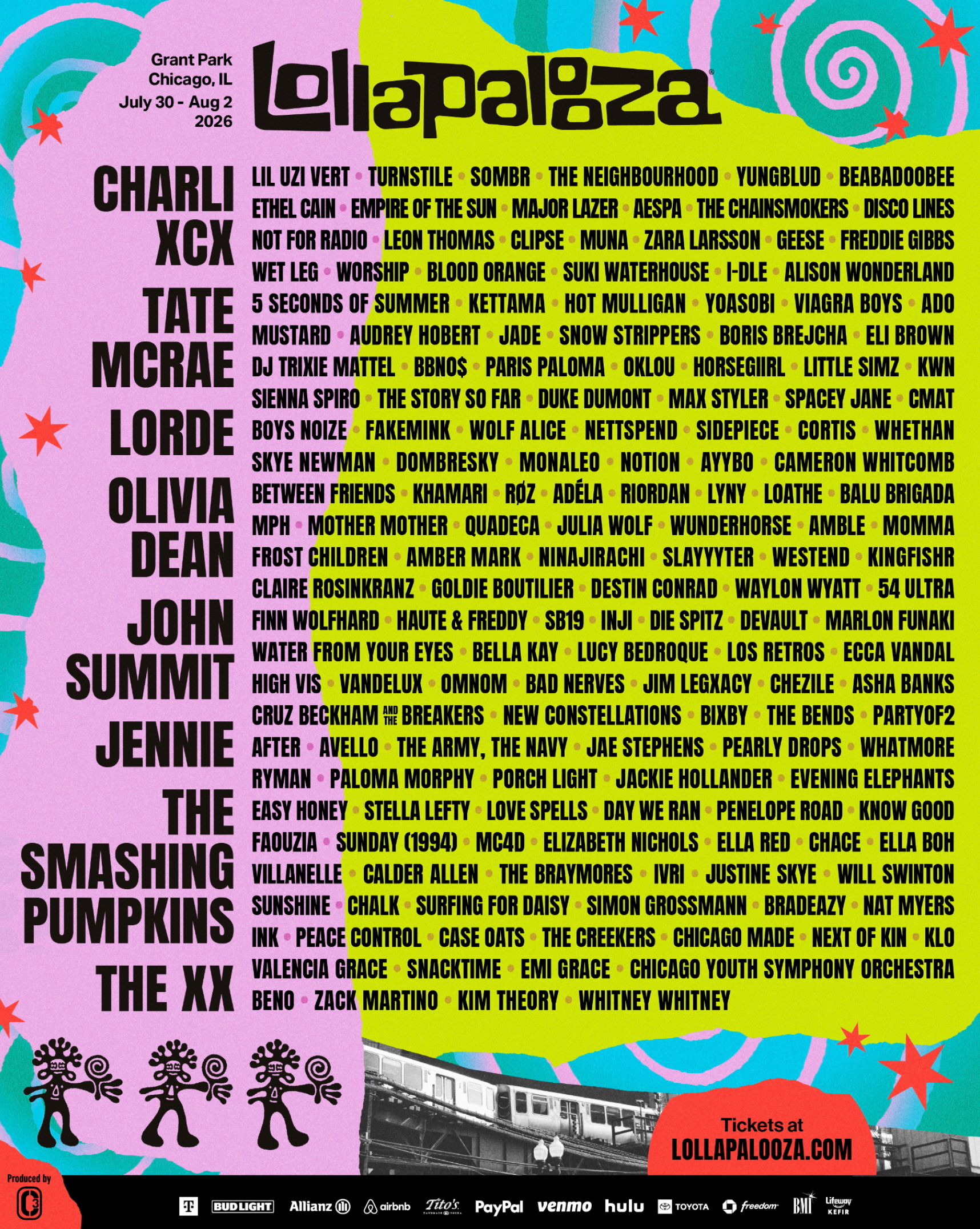 The set list for the 2026 Lollapalooza festival. (Image Courtesy of Lollapalooza)