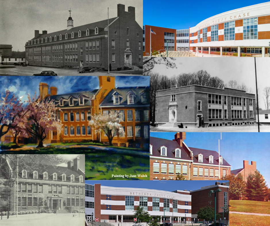 Bethesda Chevy-Chase High School seen from 1926 to 2026. (Collage by Palmer Emmett)