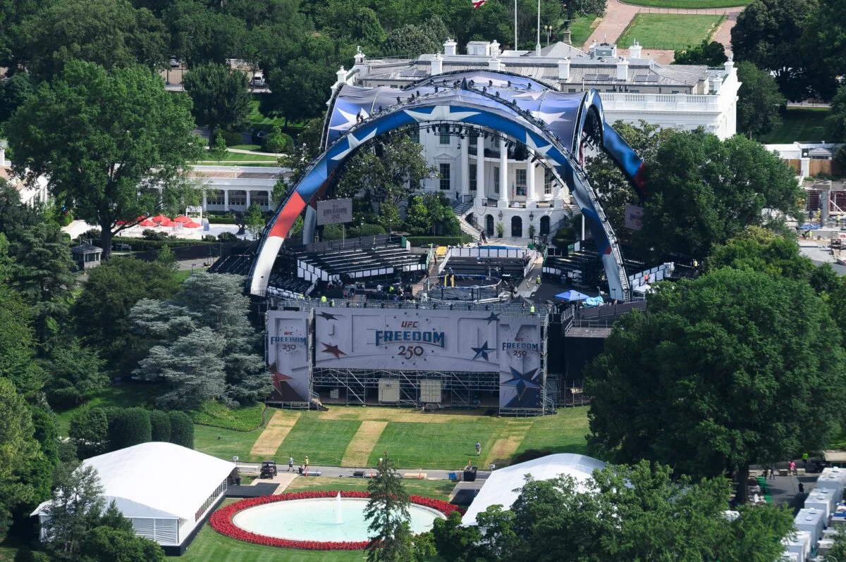 Construction for UFC cage underway on the White House lawn. According to a Reuters poll, only 16% of Americans believe it was appropriate for Trump to hold this event.